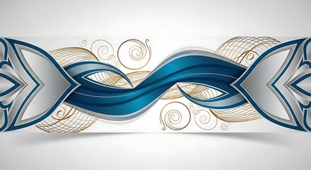 Abstract blue wavy lines and golden spirals create an elegant floral decoration over white