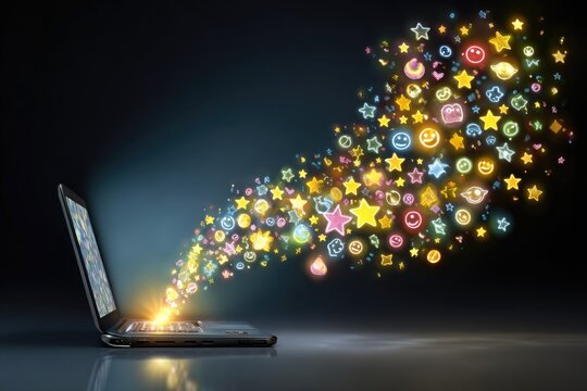 Digital Delight A Laptop's Whimsical Escape into a World of Emojis and Stars on a Reflective Surface