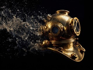 Vivid Golden Diving Helmet With Dynamic Water Trails Against Pure Black Background Concept of Speed Motion and Historical Underwater Technology Gold Metal Shimmers