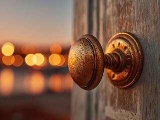 Rustic Bronze Doorknob on Wooden Door with Blurred Orange Bokeh Background, Warm Sunset Light, Close Up of Antique Metal Handle, Entry Point Concept