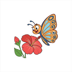 Cute Cartoon Butterfly with Orange Wings Sitting on Red Flower Illustration