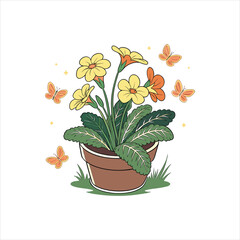 Potted Flower Plant with Butterflies and Green Leaves Illustration