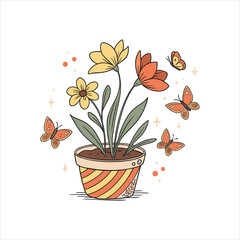 Colorful Butterflies Flying Around Flower Pot Illustration