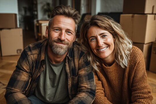 Happy couple smiles surrounded by cardboard boxes in their new home after moving in together