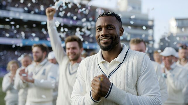Professional cricket team celebrating victory on the field, team spirit, sportsmanship, athletic achievement, outdoor sporting event - Powered by Adobe