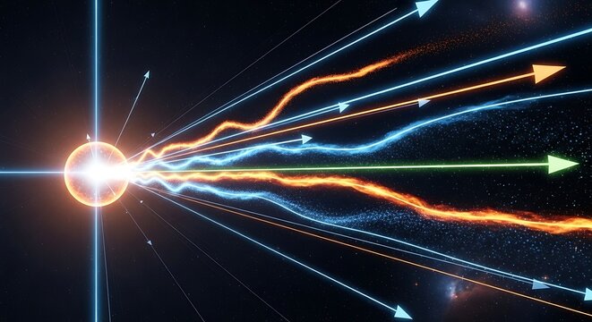 Dynamic energy streams emanating from a central glowing point, illustrating data flow or scientific concepts with vibrant light trails.