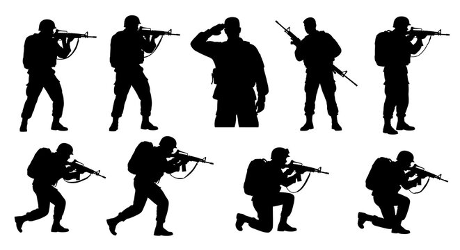 Diverse soldier silhouettes, armed with rifles, showcase various combat stances on a transparent background