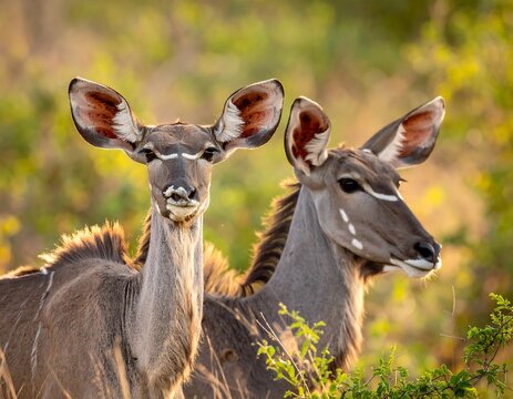 Two African antelope stand side-by-side, bathed in warm sunlight. One gazes directly at the viewer, while the other's profile is visible. Lush green foliage surrounds