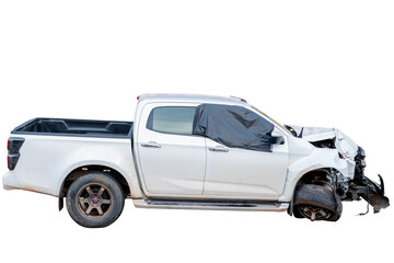 Car crash, Side view of white pickup car get damaged by accident on the road. damaged cars after collision. isolated on transparent background. PNG File