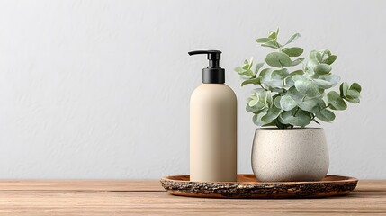 Minimalist composition for a beauty or wellness product features a blank beige lotion bottle and a small potted eucalyptus plant on a natural wooden tray against a plain white wall.