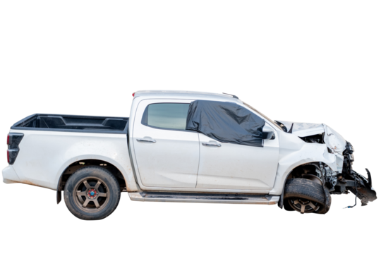 Car crash, Side view of white pickup car get damaged by accident on the road. damaged cars after collision. isolated on transparent background. PNG File