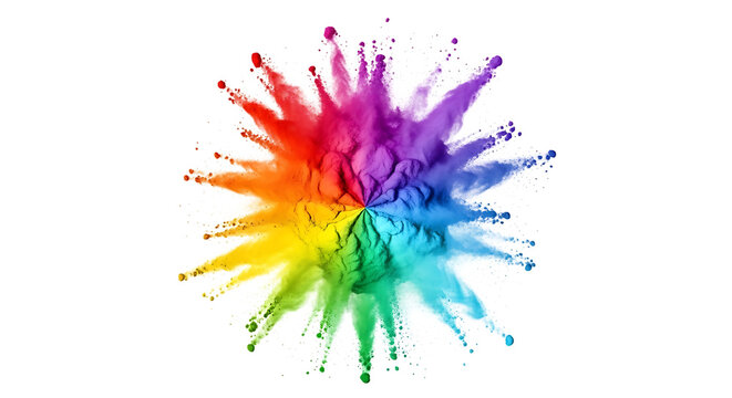 Vibrant rainbow colored powder explosion forming a starburst shape, cutout, PNG isolated on white or transparent background - Powered by Adobe