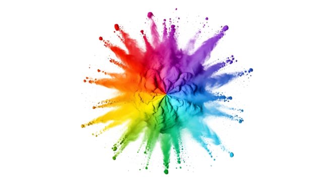 Vibrant rainbow colored powder explosion forming a starburst shape, cutout, PNG isolated on white or transparent background