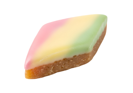 A vibrantly colored, diamond-shaped confectionery piece, showcasing a gradient of pastel pinks, yellows, and greens. - Powered by Adobe