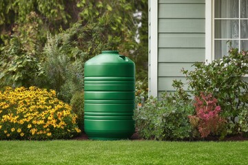 Green rainwater collection barrel beside vibrant flower beds colorful blooms. Sustainable gardening. Enhancing the outdoor space environment. Promoting eco-friendly horticulture, farming practices