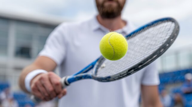 Strong male athlete gripping tennis racket, preparing to hit powerful shot