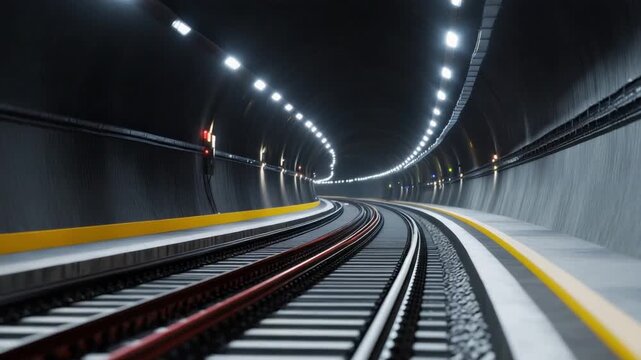 Tunnel Vision: An eye-level perspective inside a tunnel, where train tracks curve gracefully, illuminated by a row of evenly spaced lights that create a sense of depth and travel.