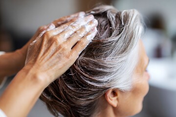 Naklejka premium Woman applying deep conditioning hair treatment for winter hydration at home