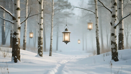 Snowy forest with hanging lanterns