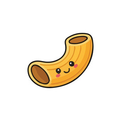 Cartoon illustration of a smiling elbow macaroni pasta noodle with cute eyes and rosy cheeks on a white background.