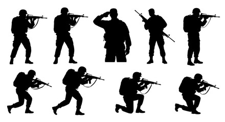 Diverse soldier silhouettes, armed with rifles, showcase various combat stances on a transparent background