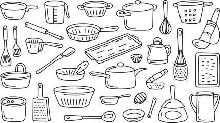 Kitchen utensils line drawing — black and white cooking tools illustration for coloring pages, clipart, design, and educational materials