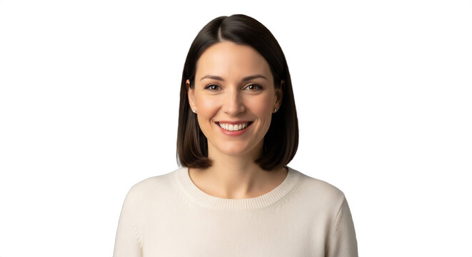 Smiling professional Caucasian woman (39-45) in a neat, minimalist sweater, isolated on transparent background, ideal for business profiles, organizational services, career advice,