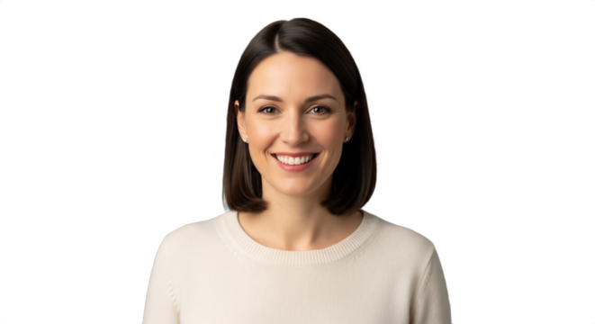 Smiling professional Caucasian woman (39-45) in a neat, minimalist sweater, isolated on transparent background, ideal for business profiles, organizational services, career advice,