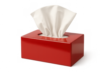 Red tissue box with white paper napkins on transparent background, showing hygiene, health, and cleanliness concept