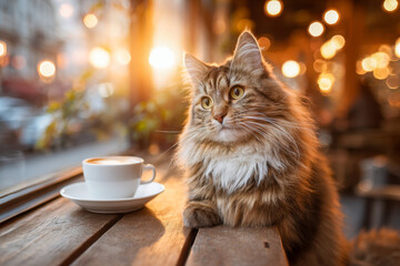Fluffy long-haired cat sitting on a wooden table next to a cup of coffee during golden hour with warm bokeh lights in a cozy cafe ambiance