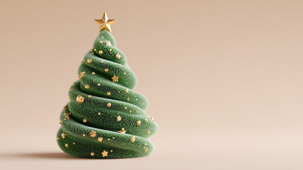 A beautifully decorated small Christmas tree with a glittering golden star topper standing against a soft warm background casting a clear shadow.