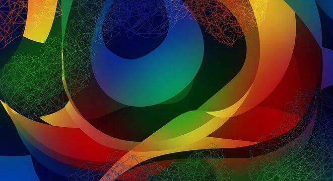 Abstract gradient circles intertwine with complex mesh lines, creating a vibrant, multicolored and dynamic composition
