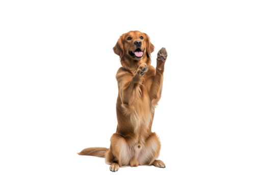 A golden retriever dog sits upright with its front paws raised, a playful and engaging animal portrait against a striking black backdrop.