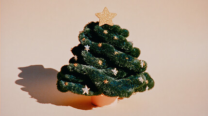 A beautifully decorated small Christmas tree with a glittering golden star topper standing against a soft warm background casting a clear shadow.