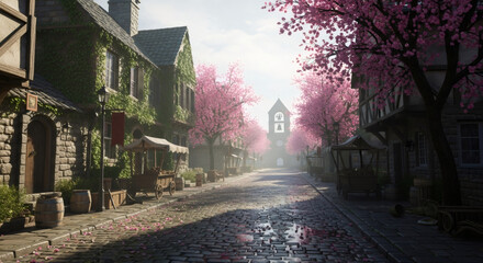 Fototapeta premium Charming Medieval Town Street with Blossoming Trees and Sunlight.