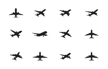 Collection of airplane silhouettes in various positions on a white background