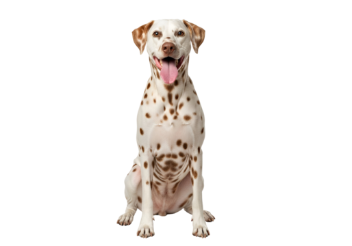 A spotted Dalmatian dog sits attentively against a pure black background, showcasing its distinct markings and joyful expression.