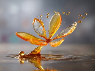 Abstract Water Splash Art Golden Liquid Petals Creating Flower Shape Dynamic Motion Droplets Suspended Air Reflective Surface Effect Creative Photography Liquid Flower Golden Hues