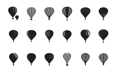 Collection of Silhouette Hot Air Balloons Ascending in Flight Across White Backdrop