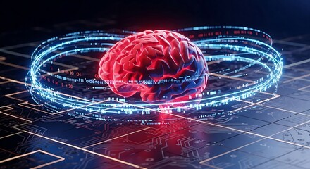 Digital Brain with Glowing Neural Network and Data Flow on Circuit Board.