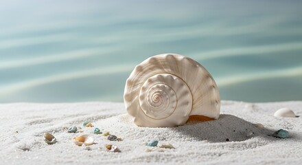 A beautiful white spiral seashell resting on pristine white sand with a gentle blue ocean in the background.