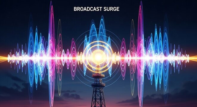 A vibrant illustration of a broadcast tower emitting colorful radio waves into a dark sky, symbolizing a powerful broadcast surge.
