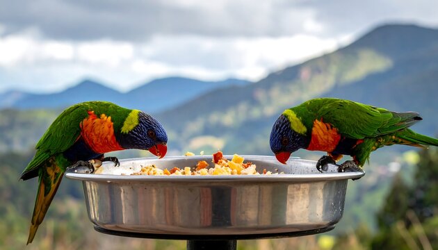 Two colorful parrots feed from a metal bowl, with a blurred mountain range in the background under a cloudy sky