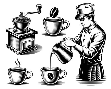 Vintage coffee making process with barista and grinder - Powered by Adobe