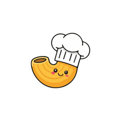 A smiling, cartoon macaroni pasta character wearing a chef's hat, ready to cook.