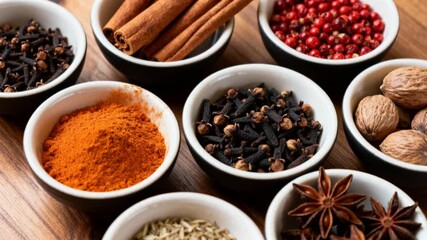 small bowls of cinnamon, cloves, nutmeg, star anise, warm color palette, soft studio light, smooth rotation, 4k, perfect for thanksgiving autumn or christmas holiday cooking videos
