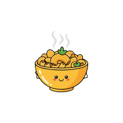 Cute cartoon illustration of a steaming bowl of macaroni and cheese with a smiling face and parsley garnish.