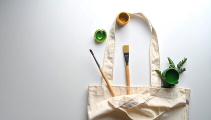 Top-down view of an open canvas bag with paint brushes and open paint jars, plus greenery. Set on a stark white surface