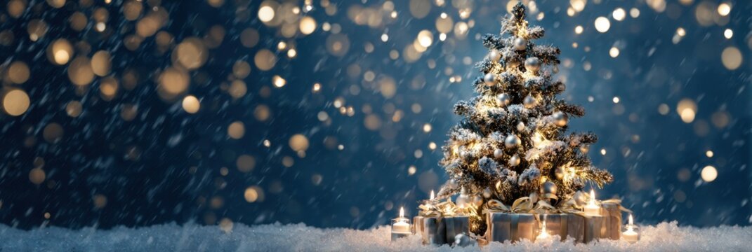 Snow-covered Christmas tree adorned with glowing lights and wrapped gifts. Blue background festive atmosphere with soft snowfall and shimmering bokeh effects. snowy environment, holiday spirit scene.