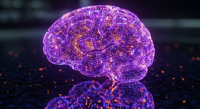 Vibrant glowing brain with neural network connections, representing artificial intelligence and advanced technology.